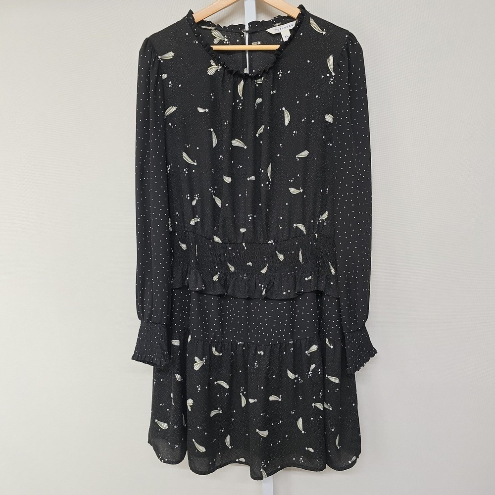 PopSugar Womens XL Black Celestial Shooting Star‎ Smocked Mini Dress Long Sleeve